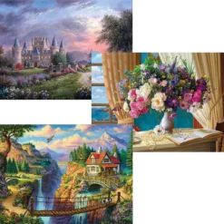 The Jigsaw Puzzle Factory Still Life Flowers, House On Cliff & Castle, Set Of 3 Jigsaw Puzzle